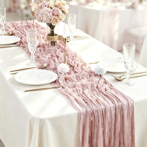 Otauoaea Tischläufer Vintage-Rosa (1 Stück, 50x300 cm) - Rustikale Gaze Käsetuch Tischläufer im Bali-Gaze mit Faltenwurf für Hochzeit, Gartenparty, Brautparty, Geburtstag & Boho-Deko