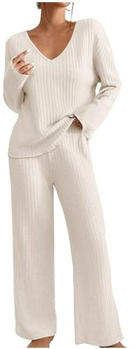 Tuta Donna Elegante Maglia Morbida Casual Maglione Maniche Lunghe Pullover Top e Pantaloni a Gamba Larga Set Due Pezzi Comode Leggera Tuta Casa Elegante Curvy Pigiama Donna Invernale Calda Completi