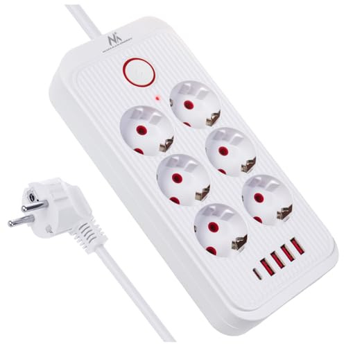 Maclean MCE389/391 Steckdosenleiste | 6 Anschlüsse 4xUSB 1xUSB-C 2500W | Schreibtisch-Verlängerungskabel mit Schalter | 45°-Anschlüsse | Wandmontage (Weiß, 3m)