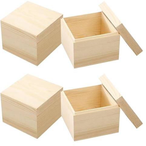Sixfolo Holzschachtel mit Deckel Quadratisch 4 Stück | Holzkiste Klein 12x12x11.2cm,Unlackierte Aufbewahrungsbox Holz mit Abnehmbarem Deckel für DIY Dekoration und Aufbewahrung
