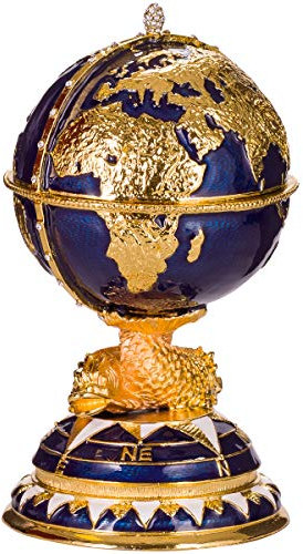 danila-souvenirs Fabergé-Stil Ei/Schmuckkästchen Globus mit Schiff 14,5 cm blau