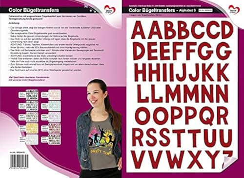 Coloured iron-on transfers, A4 sheet, with alphabet letters on transfer foils for textiles such as T-shirts and bags, DIY textile design dark red