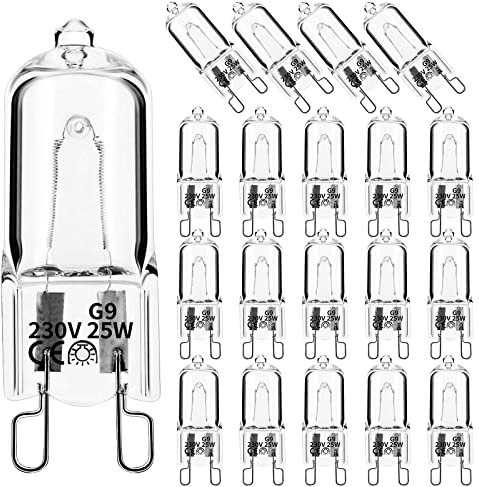 BEIJITA G9 Halogen Bulbs, 25W 220-240V Clear Capsule, Dimmable, Warm White 2800K, No Strobe, No Flicker, 20 Pack for Ovens, Pendants, Cabinet & Landscape Lights