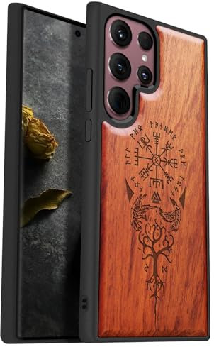 Carveit Hülle für Galaxy S22 Ultra Case [Elegante Rosenholz] [Weich TPU Stoßstange] Stoßfeste Handyhülle Kompatibel mit Samsung S22 Ultra Hülle Holz（Wikingerkompass Vegvisir）