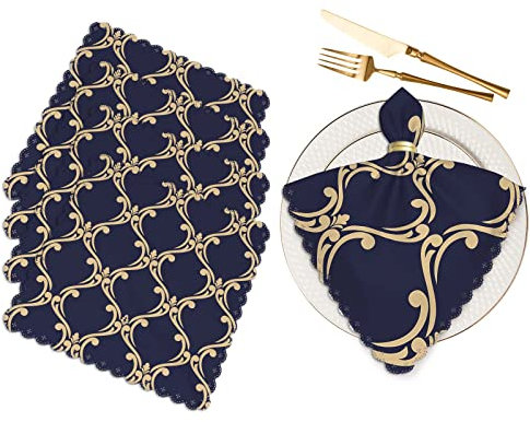 Yibeas Barock, Damast Stoffservietten 4er Set Weich Gold und Blau-Schwarz Ornament Polyester Dinner Serviette für Familie Restaurant Hochzeiten Partys