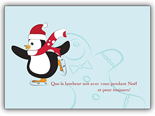 10x Französische Weihnachtskarte mit Schlittschuh laufendem Pinguin und Lebkuchenmann-schönes Glückwunsch Karten Set mit Umschlägen zu Weihnachten, Neujahr, Silvester