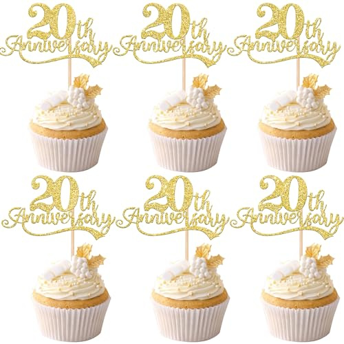 Rsstarxi Cupcake-Topper zum 20. Hochzeitstag, glitzernde Kuchendekoration zum 20. Hochzeitstag, 20. Jahrestag, Geburtstag, Ruhestand, Party, Kuchendekorationen, Zubehör, Gold, 24 Stück
