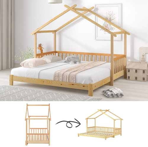 SOFTWEARY Ausziehbett, Kinderbett mit Lattenrost und ausziehbarer Liegefläche, 90x200 cm/180x200 cm, Holzbett aus Kieferholz, Hausbett, Jugendbett