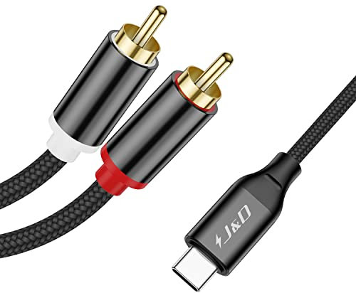 J&D Cable de Audio USB C a 2 RCA, Cable Convertidor de Audio Estéreo Trenzado USB Tipo C Macho a 2 RCA Macho Y Divisor Compatible con iPhone 16/16 Plus/16 Pro/16 Pro Max/15, Amp de Cine en Casa, 2 m