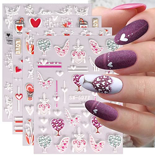 JMEOWIO 3D Embossed Valentines Day Nail Art Stickers Decals Self-Adhesive 5D Love Heart Nail Supplies Nail Art Design Decoration Accessories 4 Sheets