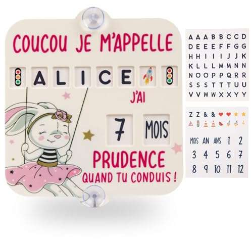 Bébé à Bord Voiture Personnalisable – Prénom - Âge – Lettres Prédécoupées Incluses – Fixation par Ventouses Ultra-Résistantes – Protection Anti-UV – Signalétique Auto 15 × 15 cm jusqu'à 8 lettres