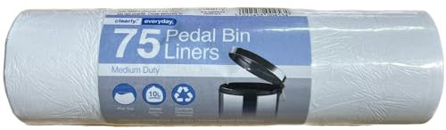 Clearly Pedal Bin Liners, 1 Roll of 75 Bin Bags, 10L Bin Liners with Flat Top Design, Small Bin Liners for Pedal Bins in the Household, Office or Workplace