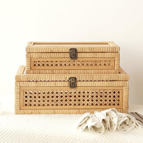 DECOR4SEASON Rattan and Cane Stacking Boxes with Glass Top Lid - Set of 2 for Boho, Coastal, and Rustic Farmhouse Decor