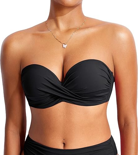 DOBREVA Femme Bikini Haut Soutien-Gorge avec Armatures Licou sans Bretelles Rembourré Noir 95B