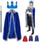 YOUYIKE 3 Stück König Kostüm für Erwachsene, Blau Erwachsene König Königin Kostüm mit 130cm Königsmantel, Krone König Königin,Zepter, für Cosplay, Mottoparty, Halloween, Karneval