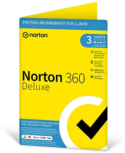 Norton 360 Deluxe 3 Geräte / 1 Jahr | Antivirus | Internet Security | Secure VPN | Passwort-Manager | Firewall | PC/Mac/Android/iOS | Aktivierungscode per Post