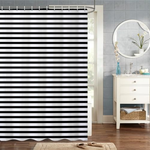 MIRRORANG 180x180cm Moderne Kunst Duschvorhang Schwarz-Weißer Streifen Design Duschvorhang für Badezimmer Wasserdichtes Polyestergewebe Set mit Haken