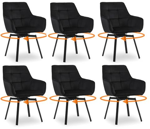 CLIPOP Esszimmerstühle Drehbar Set mit Armlehne, Samt Polsterstuhl Gepolstert Sitz Küchenstuhl Drehstuhl Armlehnenstuhl für Esszimmer Wohnzimmer Büro (6er Set, Samt Schwarz)