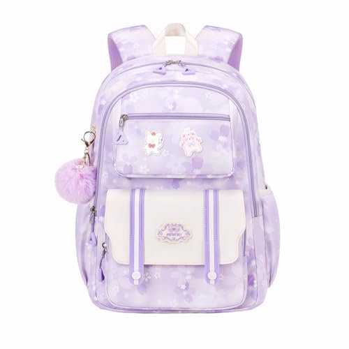 Tanou Cartable Fille Primaire, 20 litres Sac a Dos Fille Cartable Kawaii avec Pendentif, Résistant à l'eau Sac Ecole Fille Primaire en Nylon pour Enfants de 8 à 12 Ans, Violet