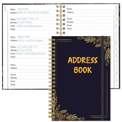 Adressbuch mit alphabetischen Registerkarten - Telefon & Adressbuch mit Adresskontakten, Sonderdatum, Telefon, Geburtstag & Internet-Login Passwort für Zuhause und Büro, 10,9 x 15,7 cm, schwarze Blume