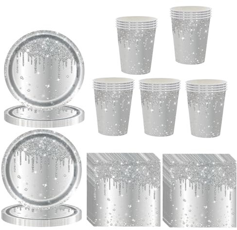 60 Pcs Silver Party Tableware Set for Her,Girls,Women,Silver Paper Plates Paper Cups and Napkins,Sparkling Diamond Silver Paper Dinnerware Set for Birthday,Wedding,Baby Shower Party Tableware