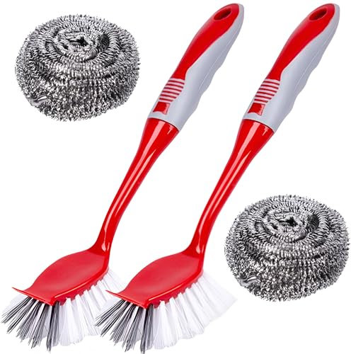 Kit 2 Cepillo Estropajo con Mango Cocina Largo mas 2 Estropajo Cocina con Mango Largo - Cepillo Limpieza Fregadero - Limpiar Platos Cepillos Fregaplatos - Cepillo con Mango Silicona - Kitchen Brush