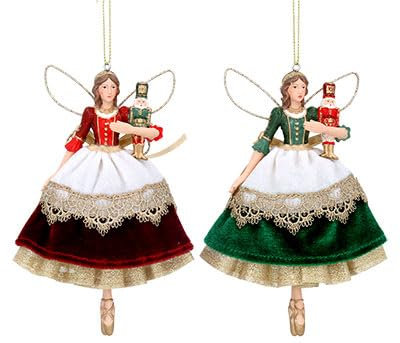 Gisela Graham Rote und grüne Samt-Spitzenfeen mit Nussknacker – 2er-Set Weihnachtsbaumschmuck aus Stoff für Weihnachten