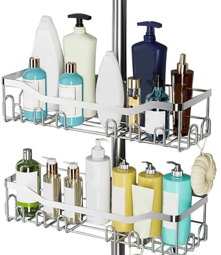 Mensola Doccia Senza Foratura, 2 Pezzi Asta Doccia Inox Portaoggetti Doccia con Ganci Adatto, Accessorio per Bagno, per Asta della Doccia