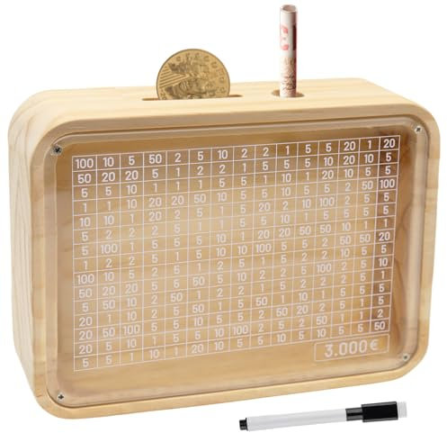 Sparbox Holz, Spardose Holz, Sparbox mit Zahlen Ankreuzen, Retro Sparbüchse mit Sichtfenster, Wiederverwendbare Spar Box, Hilft Kindern und Erwachsenen die Gewohnheit zum Sparen zu Entwickeln (3000€)