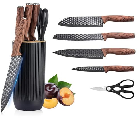 Justup Messerset Küchenmesser Set, 6-teiliges Khaki Edelstahl Messerblock Set, Professionelles Messer Set mit scharfen Klingen und ergonomischen Griffen, Kochmesser Set für Küche (Schwarz)