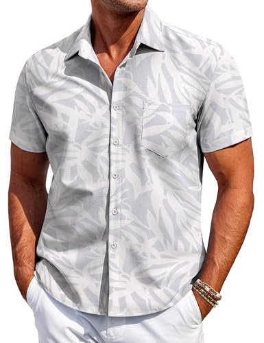 COOFANDY Mens Hawaiian Shirt Short Sleeve Casual Button Down Shirt Flower Printed Beach Tops Summer Holiday Shirt Regular Fit with Pocket Leaf-Light Purple XL