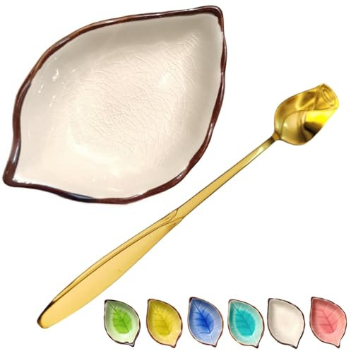 Coffee Spoon and Rest for Coffee Bar Accessories, Leaf Small Spoon Rest for Coffee Station, Tea Spoon Rest Tea Spoon Holder Teaspoon Rest, 1 PC (Ice Cracks Cream White with Gold Rose Spoon)