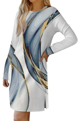 Generisch Blusenkleid Damen, Mode Casual Gradient Gedruckt Rundhalsausschnitt Langarm Halb Saum Split Kleider Herbst Damen Knitted Dress Wollkleider Winter Schwarz Yaya (S, Silver)