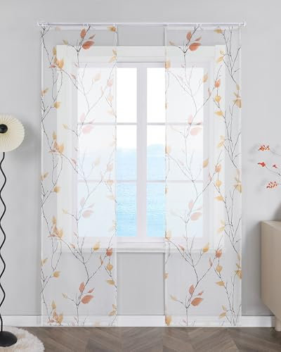 ESLIR Schiebegardinen Set 2er Flächenvorhänge Gardinen mit Klettband Schiebevorhang Transparent Vorhang mit Blätterdruckmuster Landhaus Orange BxH 57x245 cm 2 Stück