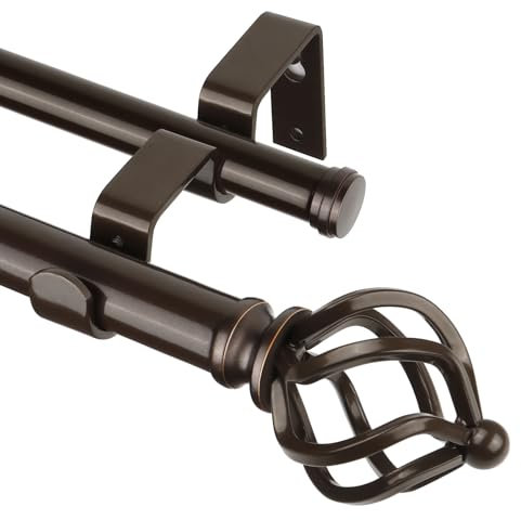 KAMANINA Bastone per tende doppio da 91,2 cm a 182,9 cm (9-182 cm) bronzo anticato per finestre, aste telescopiche resistenti con terminali decorativi a gabbia intrecciata