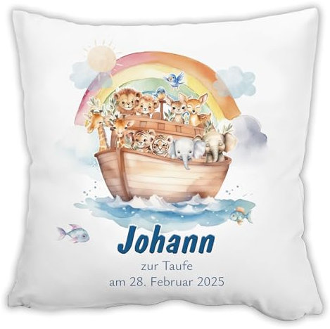 Unikatolo Kissen zur Taufe mit Name und Datum, inklusive Kissenfüllung, personalisiertes Geschenk für Kinder, Jungen & Mädchen Kinderzimmerdeko Namenskissen Taufgeschenk Patenkind (Arche Noah)