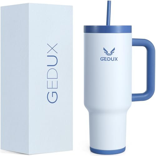 Gedux Trinkflasche mit Strohhalm 1.2L - Thermobecher mit Henkel auslaufsicher - Doppelwandige Vakuumisolierung - Thermobecher mit StrohhalmSpritzwassergeschützter Deckel (Hellblauer)