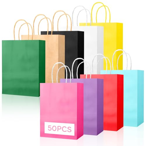 Windfromort - Geschenktüten Bunt - Kleine Papiertüten mit Henkel - 50 Stück - 15x8x21cm - Hochzeit, Party