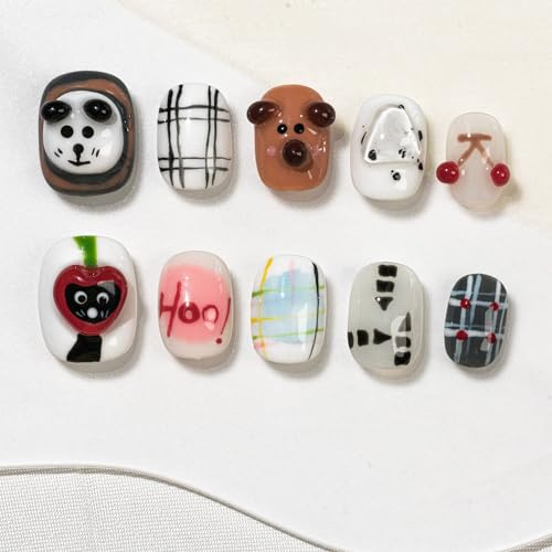 Sun&Beam Nails Handmade Press-on Short Squoval Round Brown White 3D Sweet Puppy Design Fashion False Nail Tips 10 Pcs Set (#278 M)