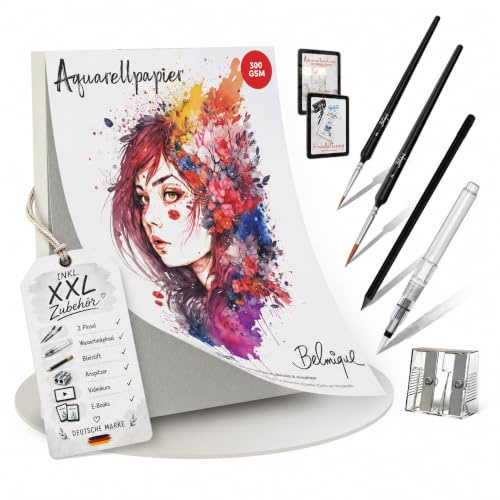 Belmique Aquarellpapier A5 Set inkl. XXL-Zubehör I 40 Seiten 300 g/m² – Aquarell Block mit rauer & glatter Oberfläche – inkl. Pinsel, Brushpen, Bleistift & Videokurs
