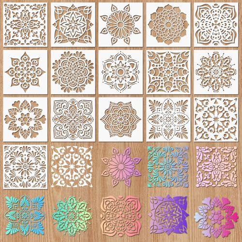 Juego de 16 plantillas de mandala, plantillas de pintura para niños, reutilizables, aerosol hueco de plástico para manualidades, pintura en madera, piedra, tejidos, muebles y pared (15 x 15 cm)
