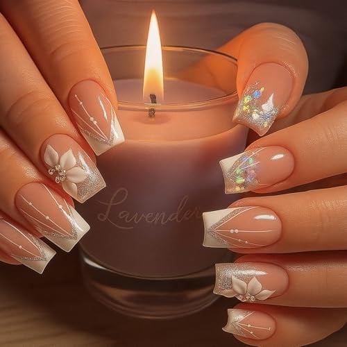 24PCS French White Glitter Nail Tips with 3D Floral & Rhinestone Design, Medium Coffin Shape - Easy Application with Jelly Adhesive Tabs for Women & Girls Fashion Nail Art, Sophisticated and Elegant