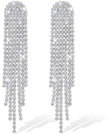 Strass Quasten Ohrringe, LucBuy Silberne Ohrringe für Damen Leichter Langer Ohrstecker mit Fransen und Kristallanhänger, Trendiger Diamant Ohrhänger für Hochzeit Abschlussball Party