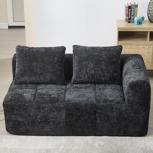DRIXNO Ecksofa mit Schlaffunktion, Cloud Boneless Couch mit Tiefer Sitzfläche, 2 Sitzer Bequemes Chaiselongue-Sofa, Schlafsofa Freistehend, Weiches Sofa mit Rückenkissen, 158x90x60 cm, Schwarz