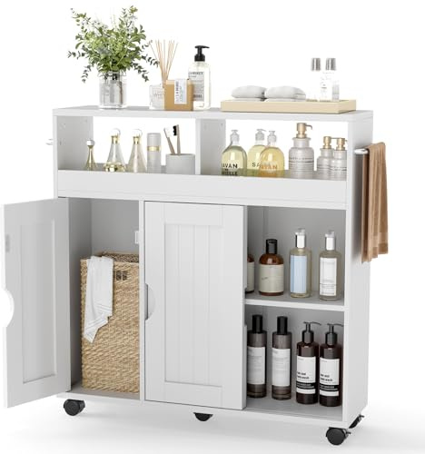 COSTWAY Meuble Salle de Bain sur roulettes, Porte Coulissant, Meuble WC avec Compartiments Ouverts, Étagère Ajustable & Porte-Serviettes, Chariot Étroit pour Salon, Cuisine, Entrée, Blanc