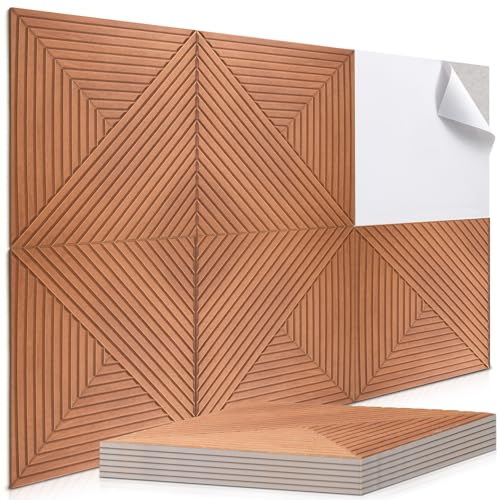 Jadive 6 Pack Self-adhesive Wood Grain Acoustic Panels, 23.62 x 23.62 High Density Decorative Sound Absorbing Sound Proofing Wall Panels for Home Theater, Bedroom, Office, Studio