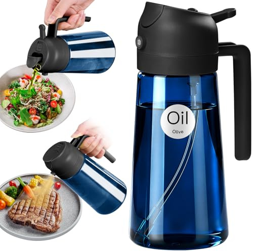 YARRAMATE 16oz/470ml Light-Blocking Dark Oil Sprayer for Cooking, 2 in 1 Olive Oil Dispenser Bottle for Kitchen, Premium Dark Blue Glass Oil Bottle for Air Fryer, BBQ (Black)