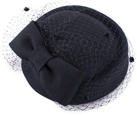 Lawliet Damen-Retromütze aus Wolle, für Cocktailparty, Hochzeit, mit Schleife, Schleier Gr. Einheitsgröße, schwarz
