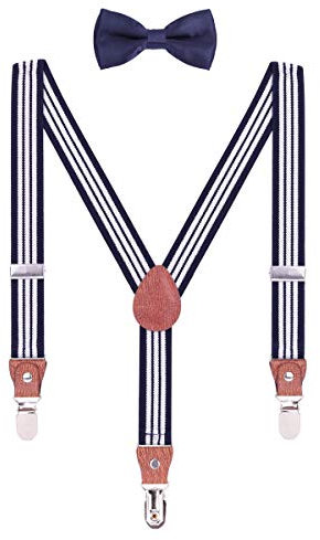 WANYING Hosenträger Fliege Set für Kleinkind Kinder Jungen Mädchen 3-8 Jahre alt Y Form 3 Clips Breite 2,5cm Elastische Hosenträger - Gestreift Navy Blau