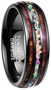 Vakki Herren Damen Wolfram Ring mit Synthetischer Opal Schwarz Holzring als Eheringe Partner Ringe Größe 67.2(21.4)